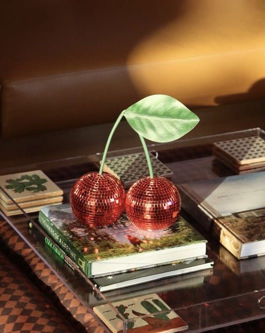 Two connected cherry disco balls covered in sparkling silver glass mosaic tiles — view 3