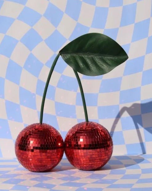 Two connected cherry disco balls covered in sparkling silver glass mosaic tiles — view 5