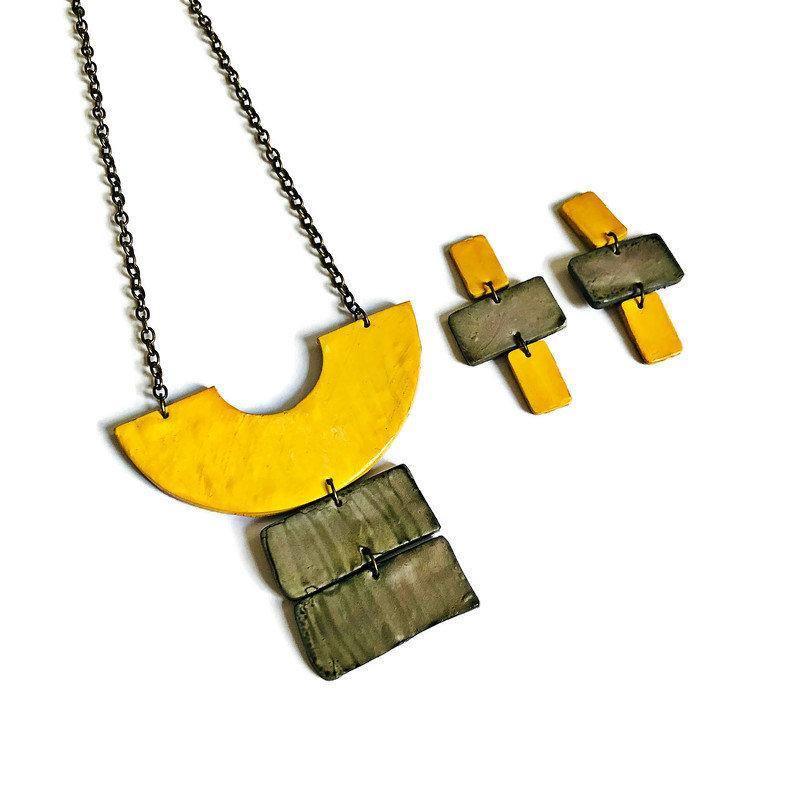 Yellow & Grey Chunky Statement Necklace & Earring Set Handmade-1