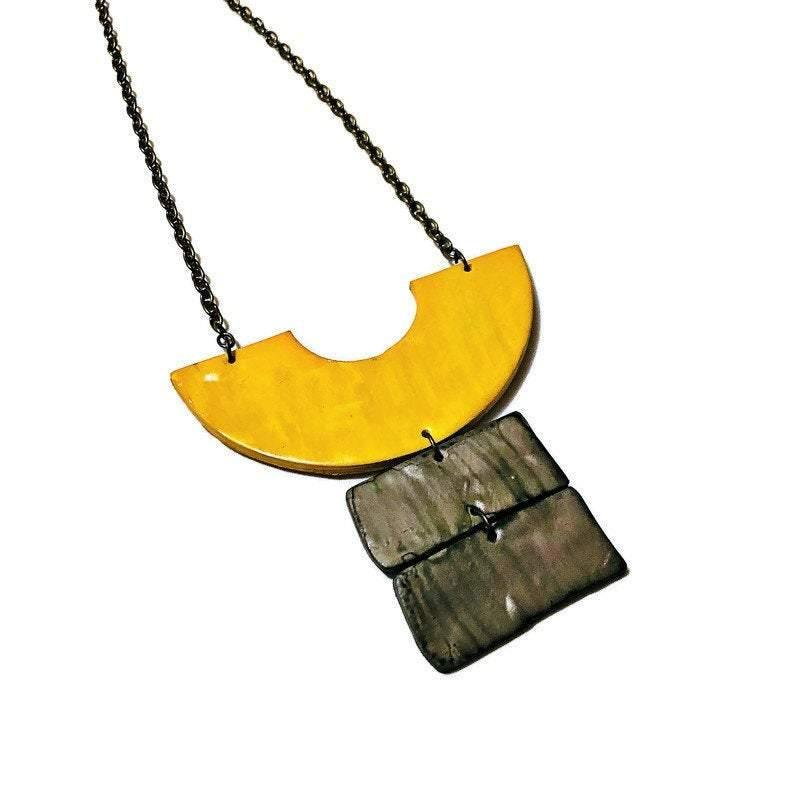 Yellow & Grey Chunky Statement Necklace & Earring Set Handmade-3