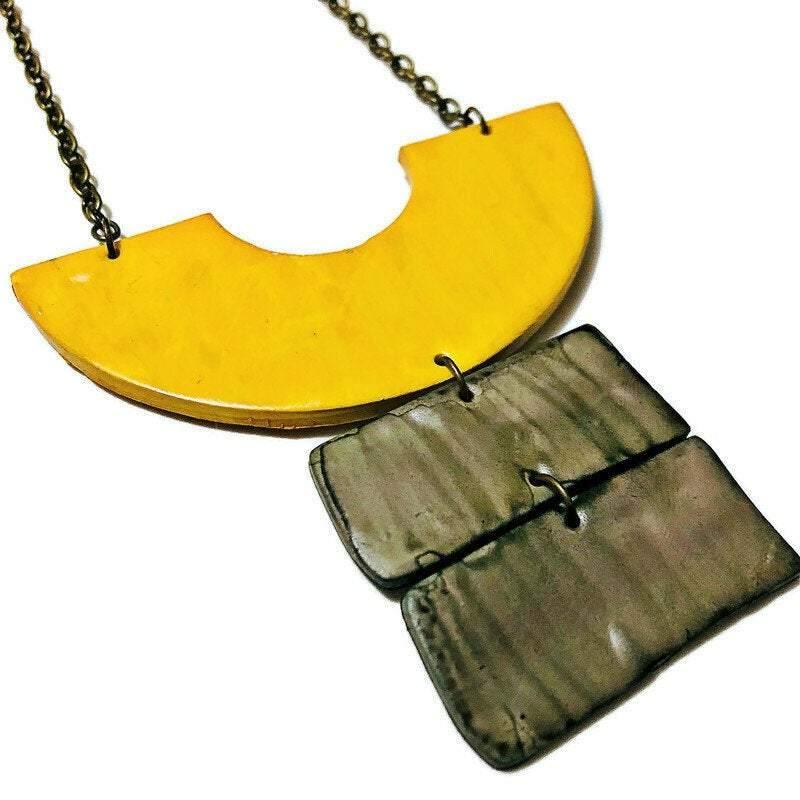 Yellow & Grey Chunky Statement Necklace & Earring Set Handmade-4
