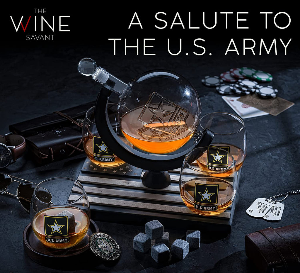Army globe whiskey decanter set with four matching glasses on a dark mahogany wood base — view 2