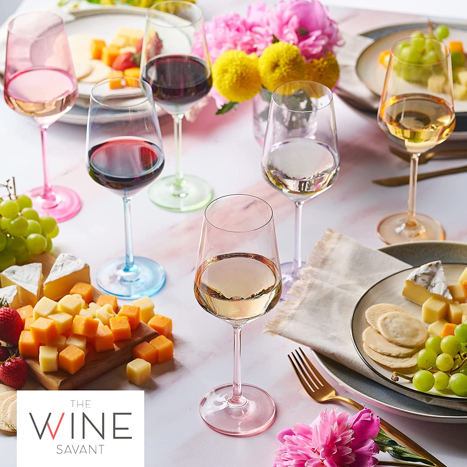 Set of six vibrant colored hand blown crystal wine glasses arranged for an elegant dinner setting — view 2