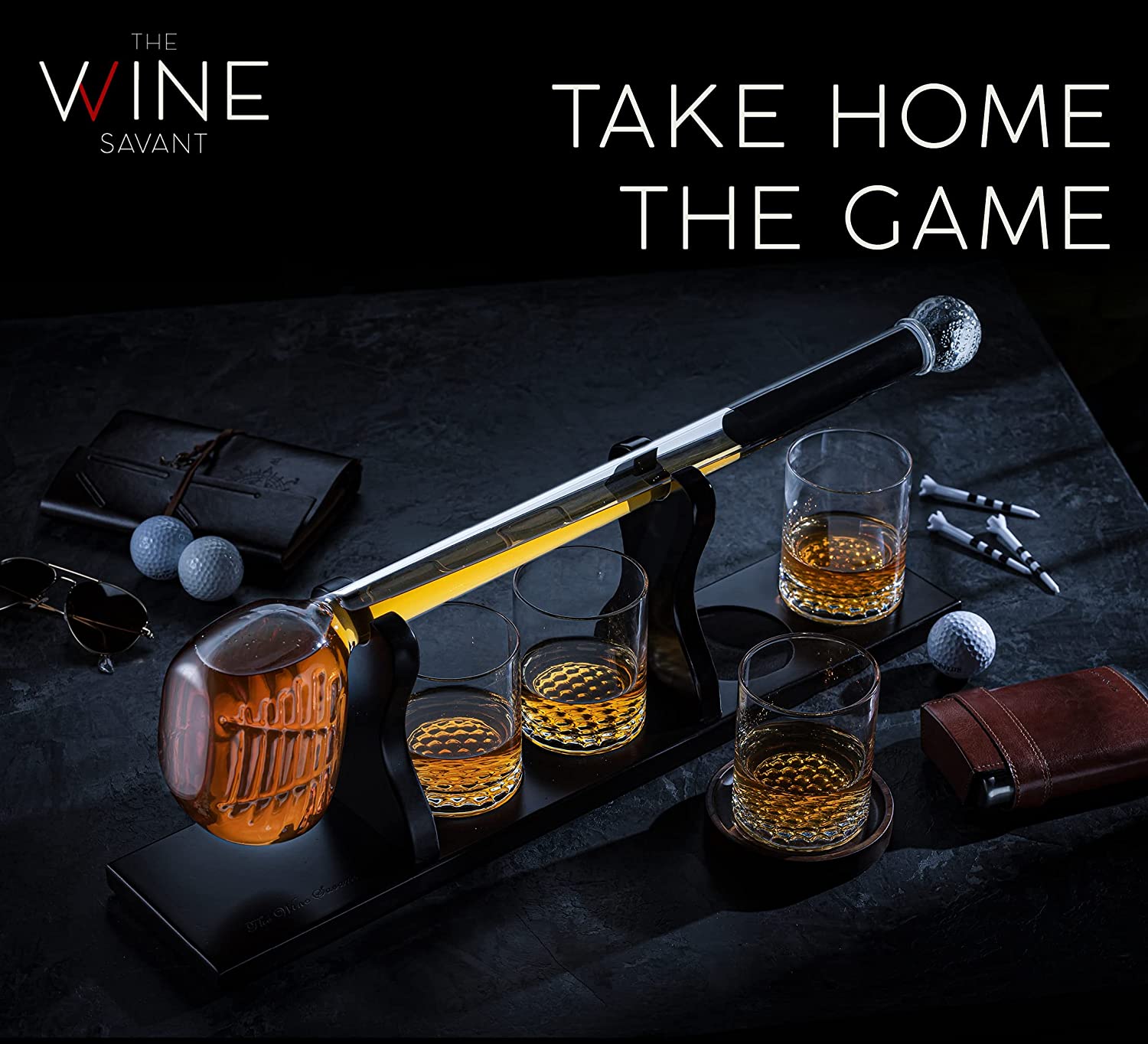 Golf whiskey decanter set with club shaped dispenser, four textured glasses, and mahogany wood base — view 2