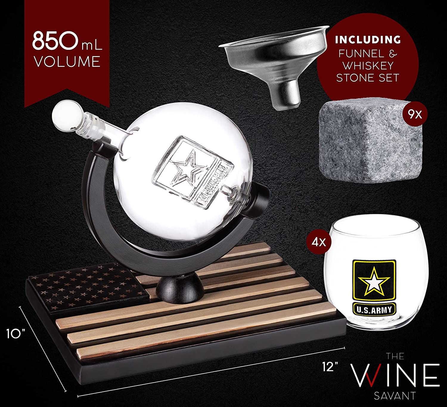 Army globe whiskey decanter set with four matching glasses on a dark mahogany wood base — view 3