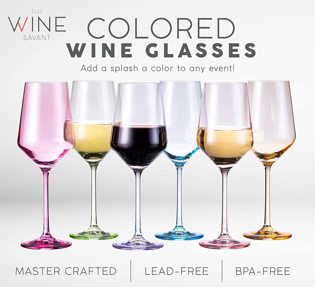 Set of six vibrant colored hand blown crystal wine glasses arranged for an elegant dinner setting — view 3