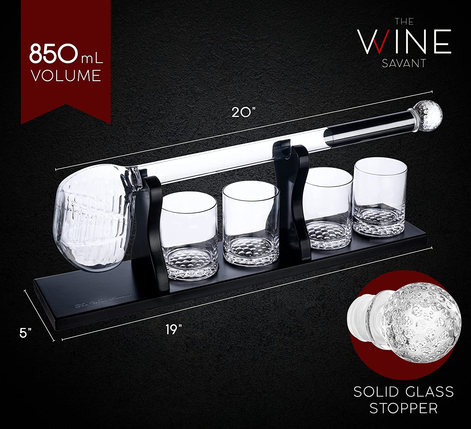 Golf whiskey decanter set with club shaped dispenser, four textured glasses, and mahogany wood base — view 3