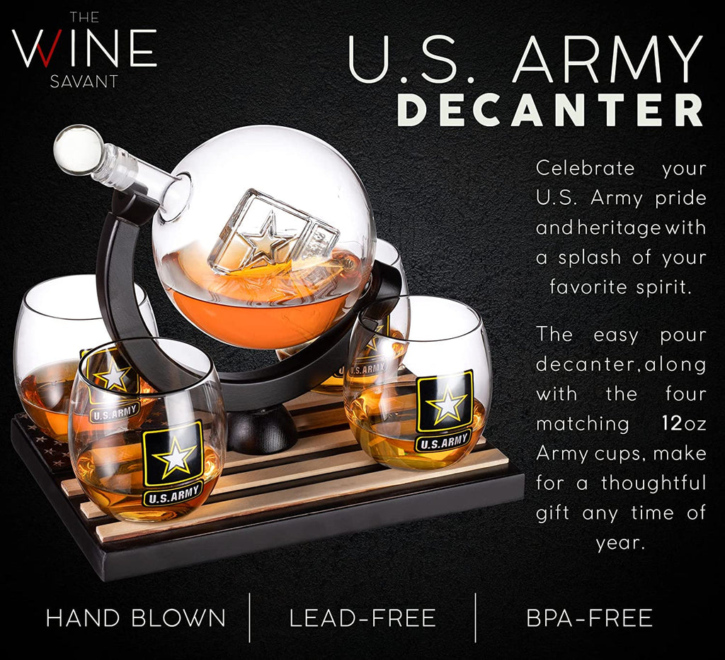 Army globe whiskey decanter set with four matching glasses on a dark mahogany wood base — view 4