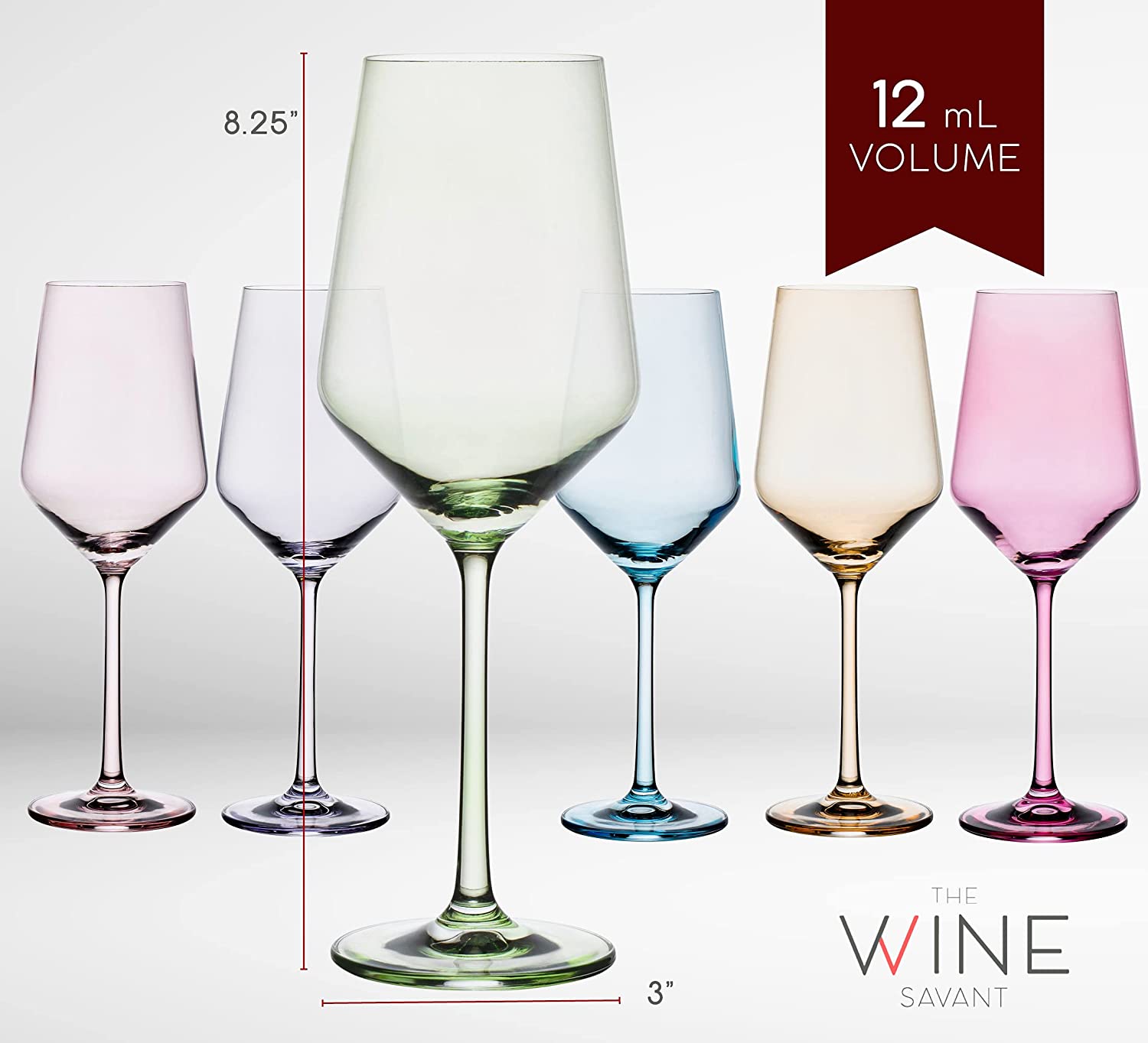 Set of six vibrant colored hand blown crystal wine glasses arranged for an elegant dinner setting — view 4