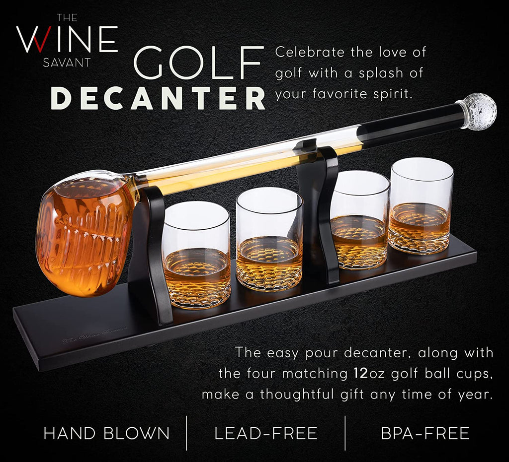 Golf whiskey decanter set with club shaped dispenser, four textured glasses, and mahogany wood base — view 4