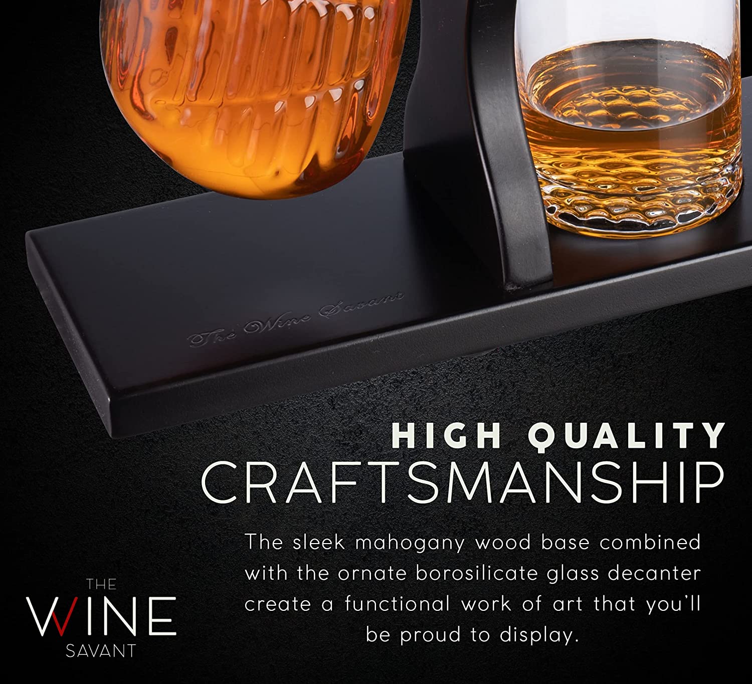Golf whiskey decanter set with club shaped dispenser, four textured glasses, and mahogany wood base — view 5