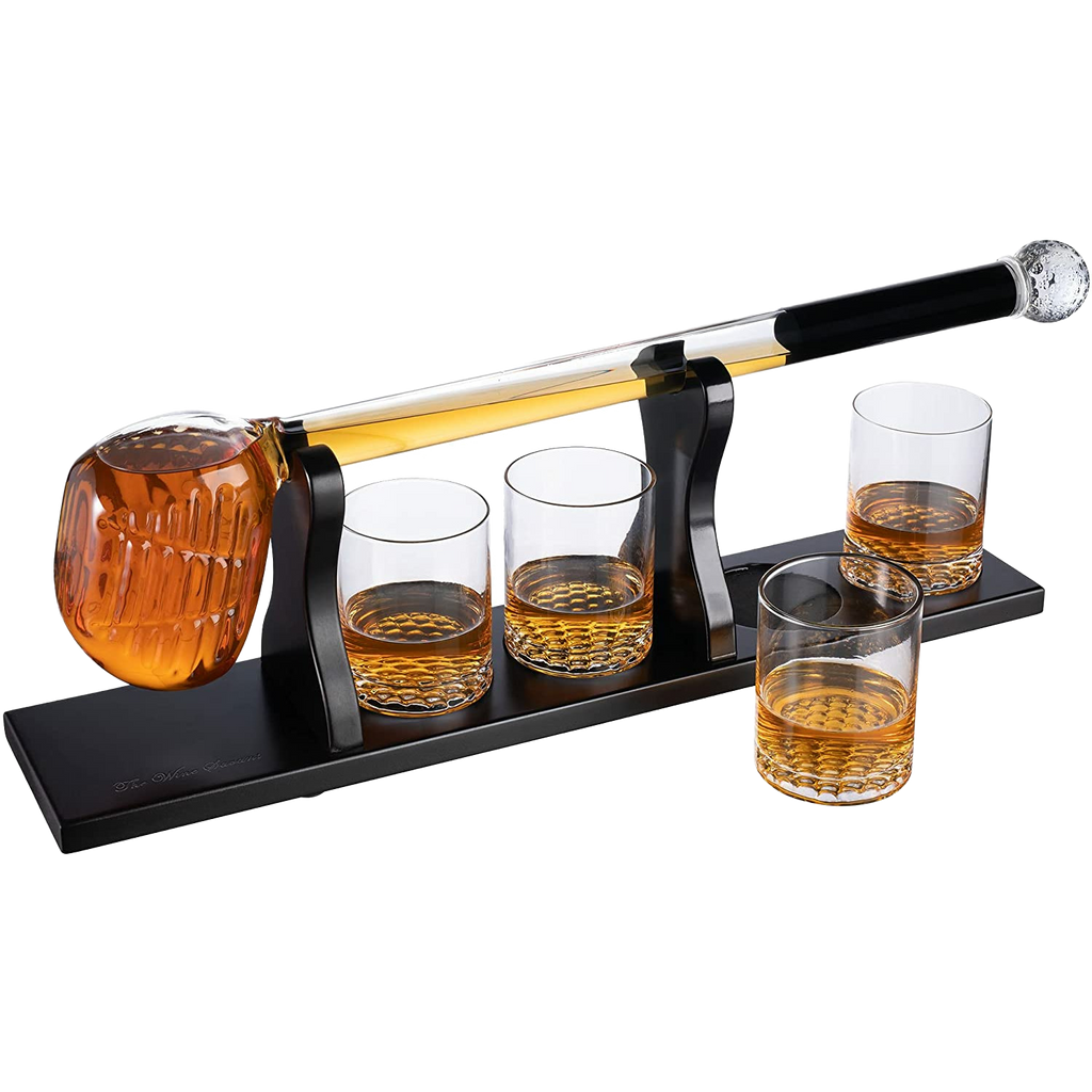 Golf whiskey decanter set with club shaped dispenser, four textured glasses, and mahogany wood base