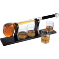 Golf whiskey decanter set with club shaped dispenser, four textured glasses, and mahogany wood base