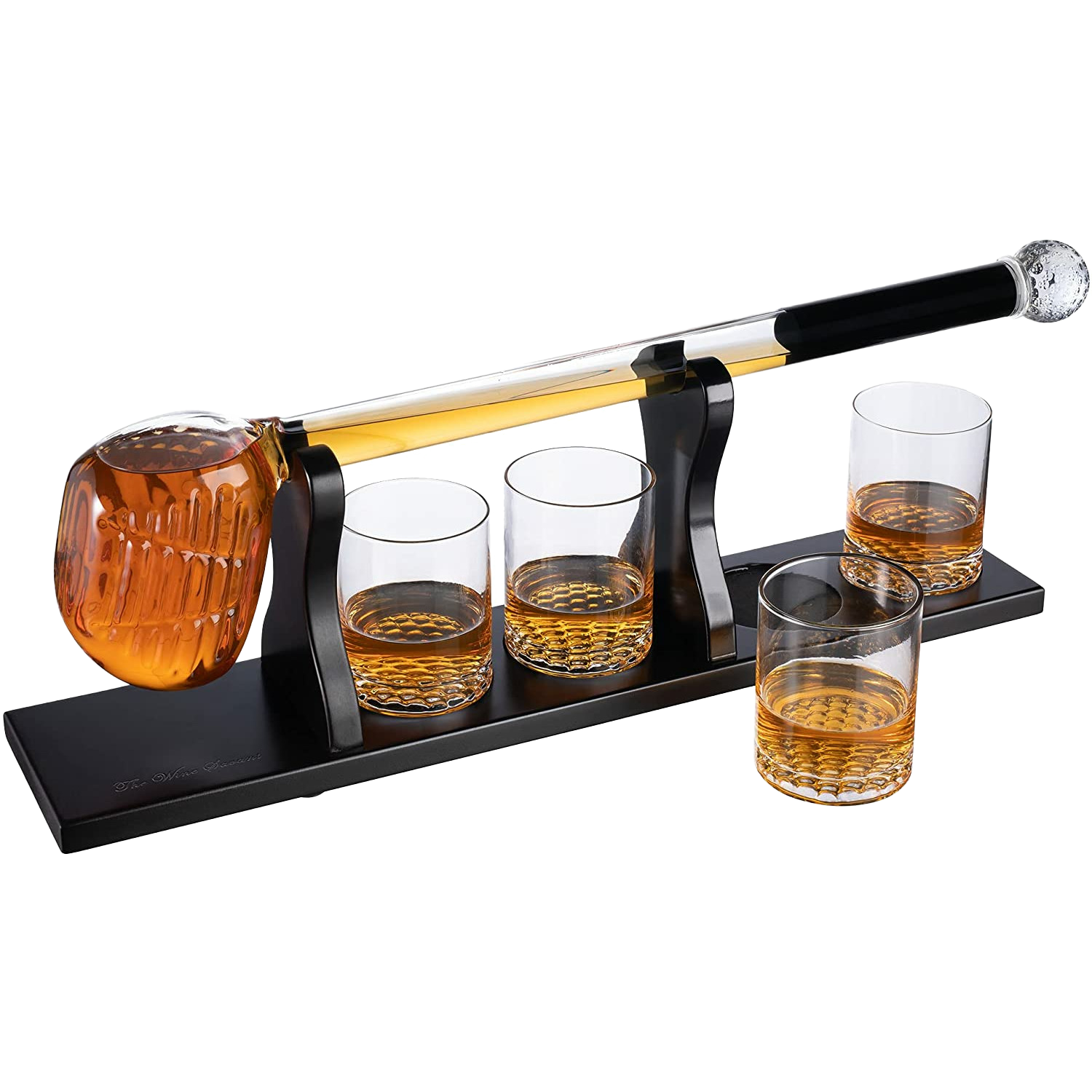 Golf whiskey decanter set with club shaped dispenser, four textured glasses, and mahogany wood base