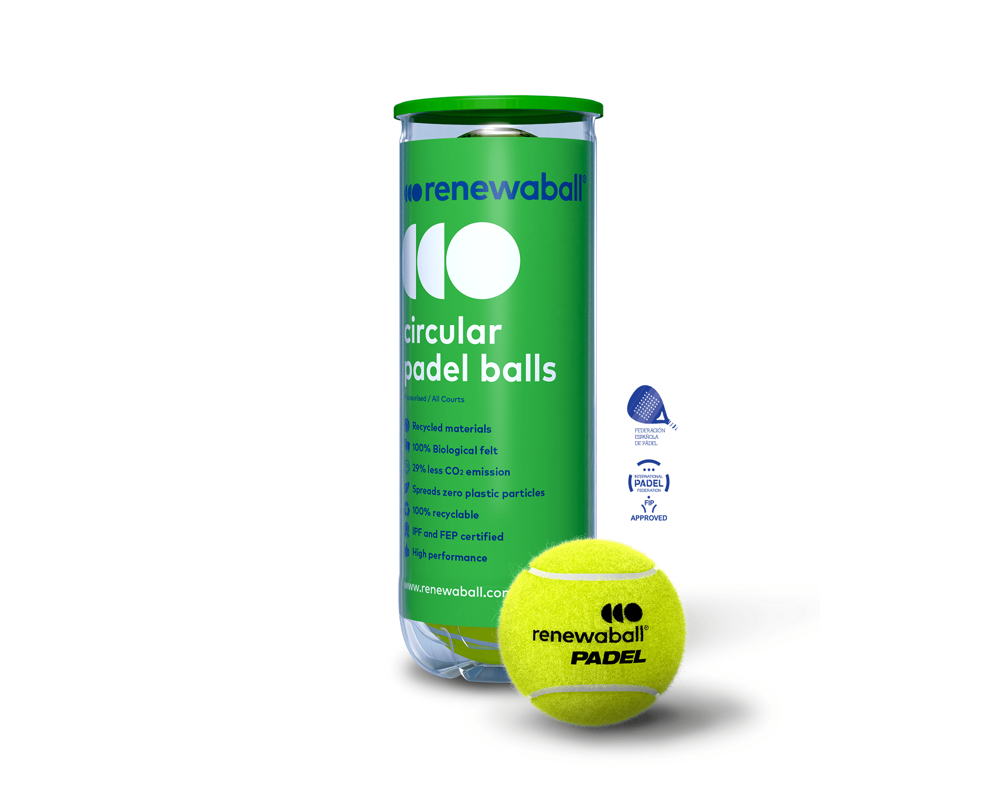 Eco-friendly tennis and padel balls with bio-based felt in a fully recyclable pressurized canister