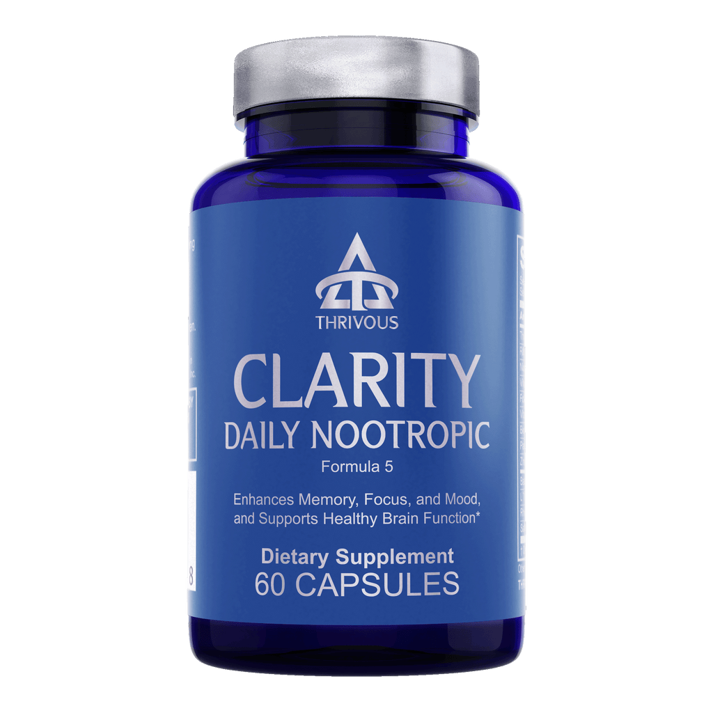 Clarity Daily Nootropic supplement bottle with 60 capsules for memory and focus.