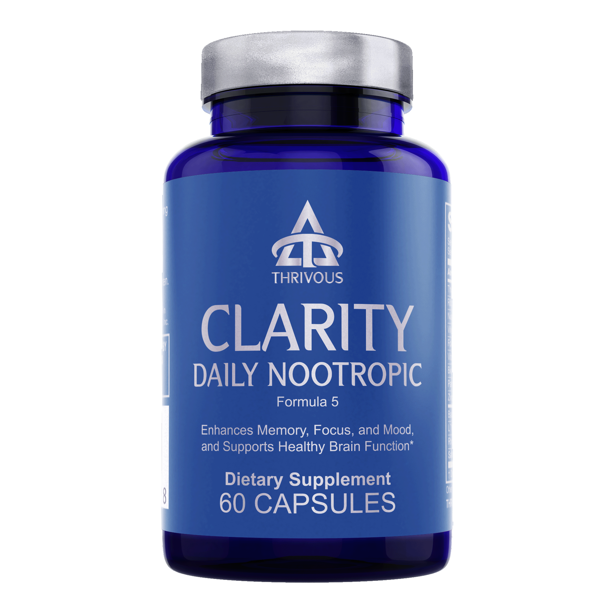 Clarity Daily Nootropic supplement bottle with 60 capsules for memory and focus.