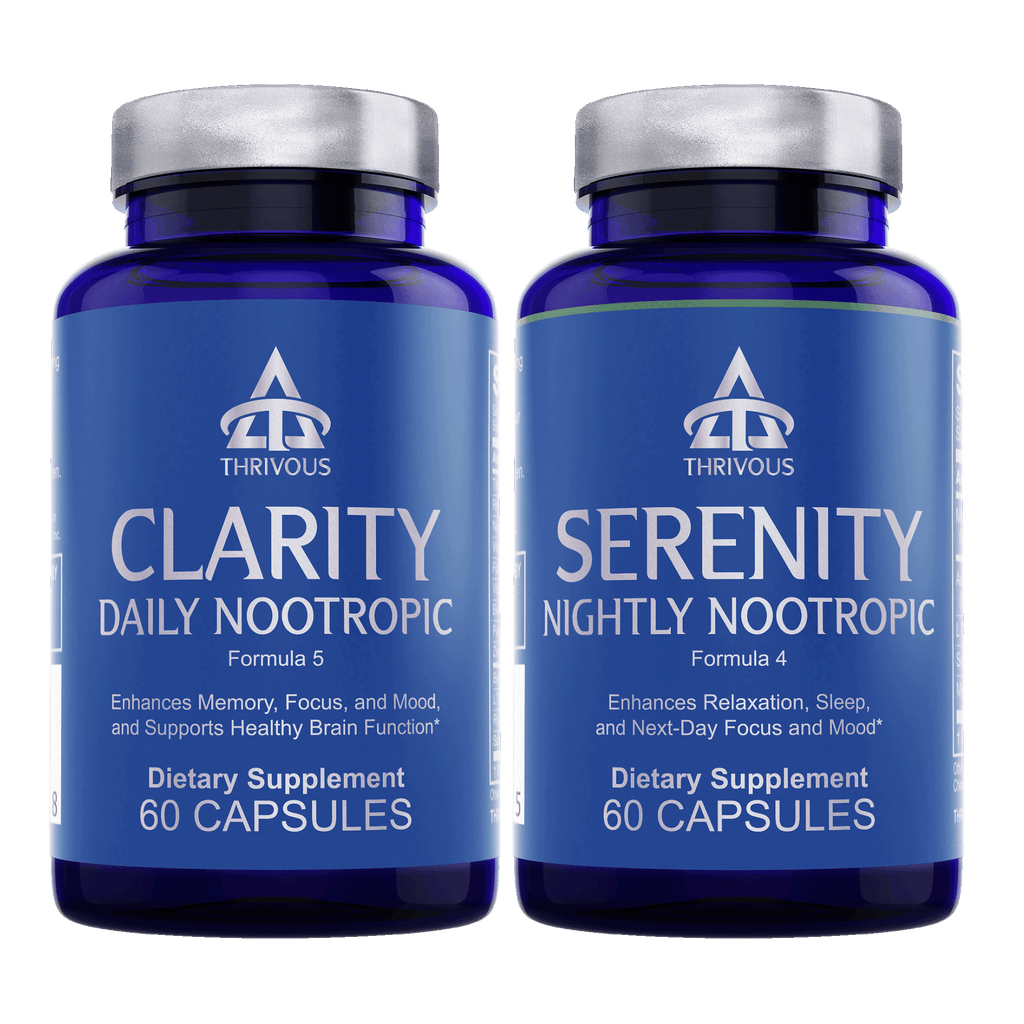 Clarity and Serenity Stack nootropic supplement white bottles containing daily cognitive and sleep support capsules