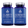Clarity and Serenity Stack nootropic supplement white bottles containing daily cognitive and sleep support capsules