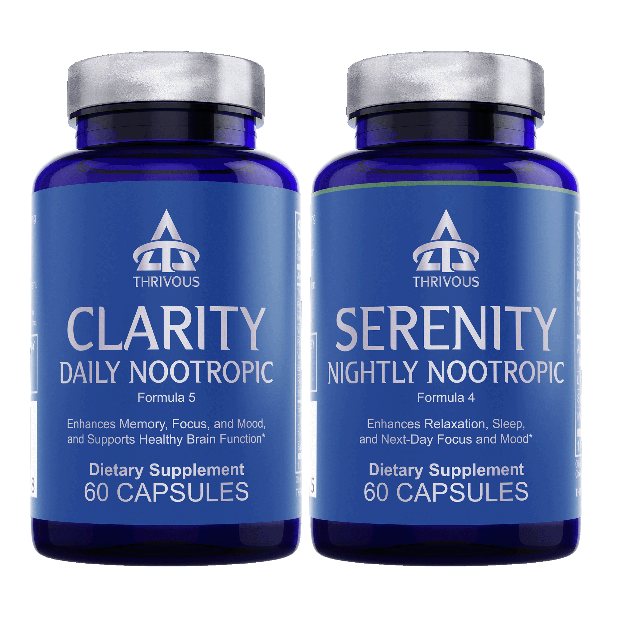 Clarity and Serenity Stack nootropic supplement white bottles containing daily cognitive and sleep support capsules
