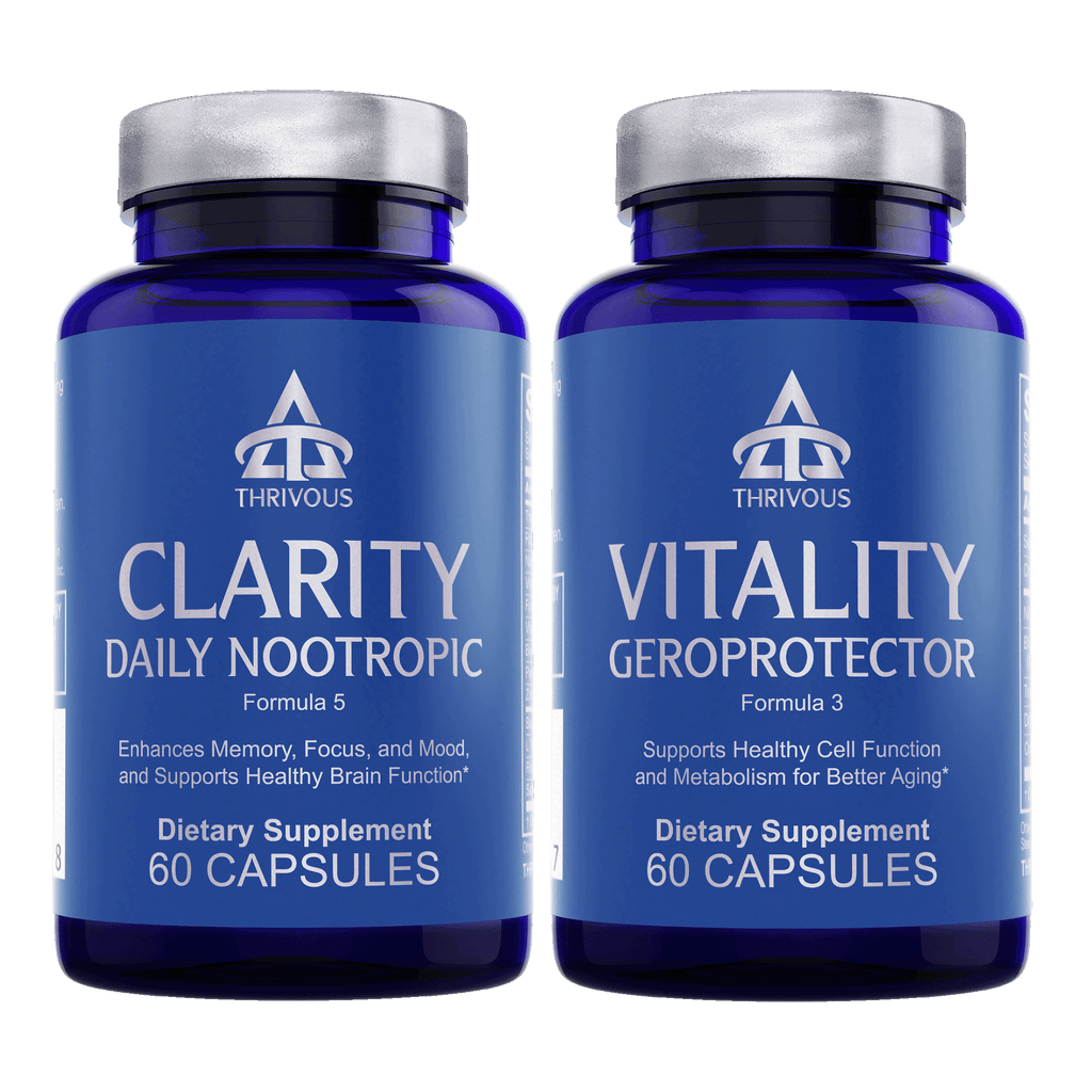 Clarity and Vitality Stack nootropic dietary supplement bottle with 120 capsules.