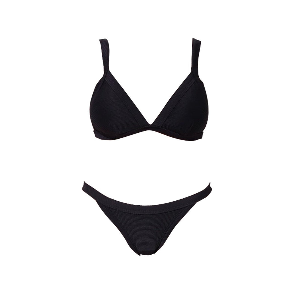 Classic triangle bikini set with black high-waisted bottoms and adjustable shoulder straps on a model. — view 4