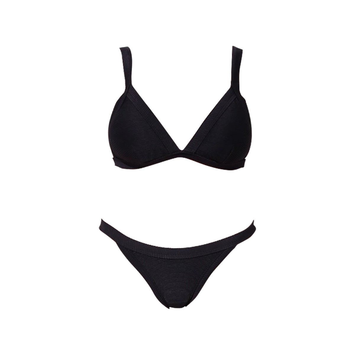 Classic triangle bikini set with black high-waisted bottoms and adjustable shoulder straps on a model. — view 4