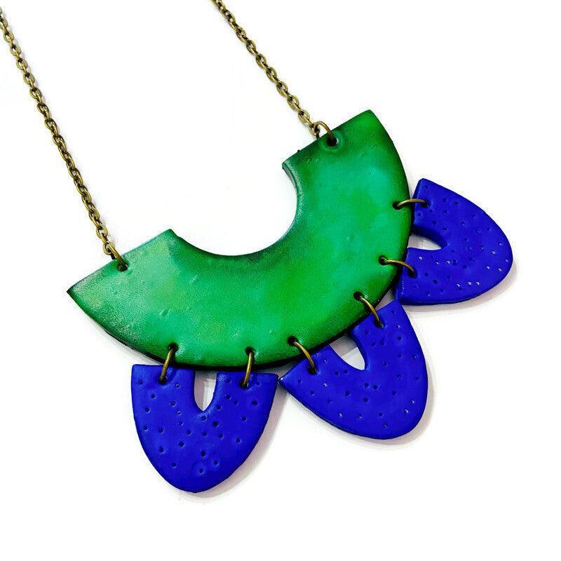 Green & Blue Clay Collar Statement Necklace, Handmade Polymer Clay-1