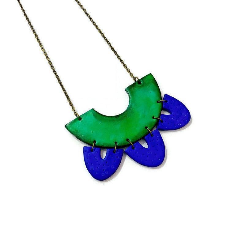 Green & Blue Clay Collar Statement Necklace, Handmade Polymer Clay-2