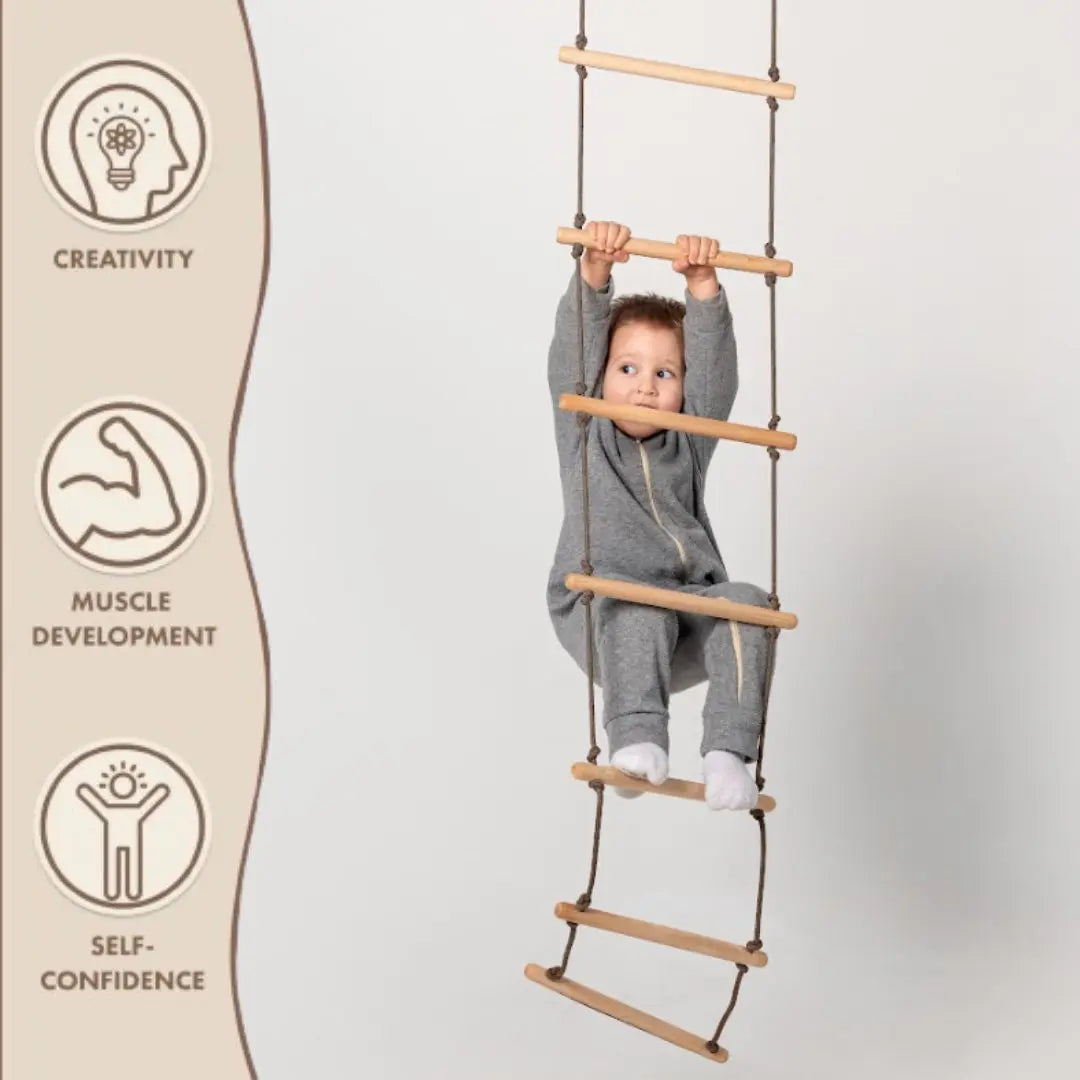 Kids climbing rope ladder with wooden steps and heavy duty rope and mounting carabiners — view 3