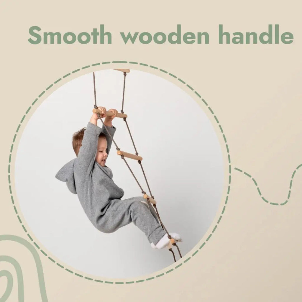 Kids climbing rope ladder with wooden steps and heavy duty rope and mounting carabiners — view 5