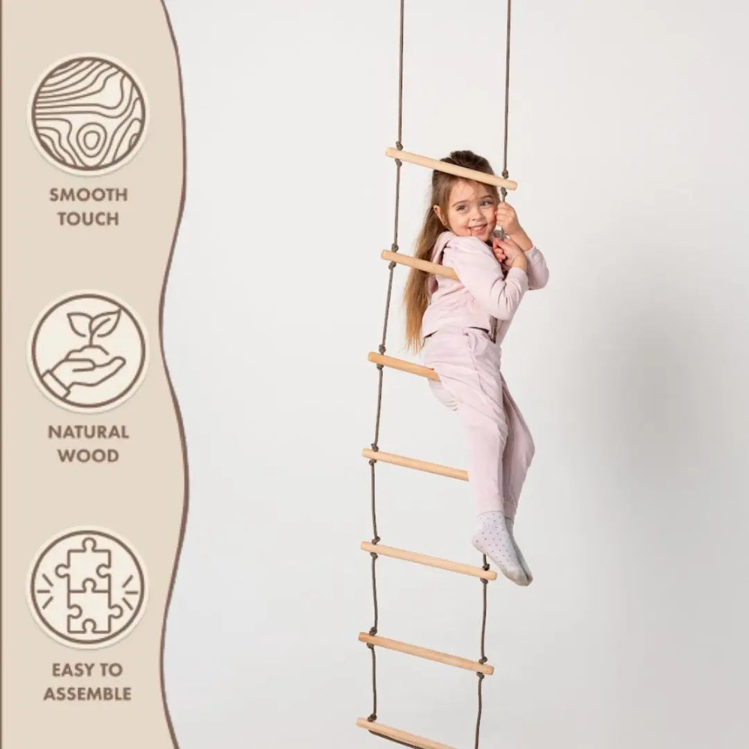 Kids climbing rope ladder with wooden steps and heavy duty rope and mounting carabiners — view 4
