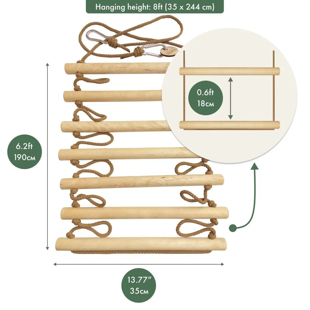 Kids climbing rope ladder with wooden steps and heavy duty rope and mounting carabiners — view 2