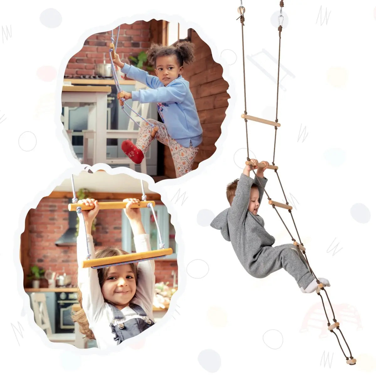 Kids climbing rope ladder with wooden steps and heavy duty rope and mounting carabiners