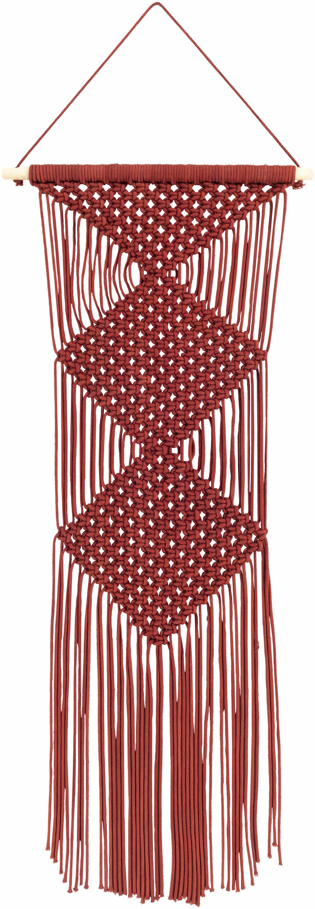 Burgundy rust macrame wall hanging decor made of woven cotton suspended on a natural wood rod