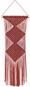 Burgundy rust macrame wall hanging decor made of woven cotton suspended on a natural wood rod