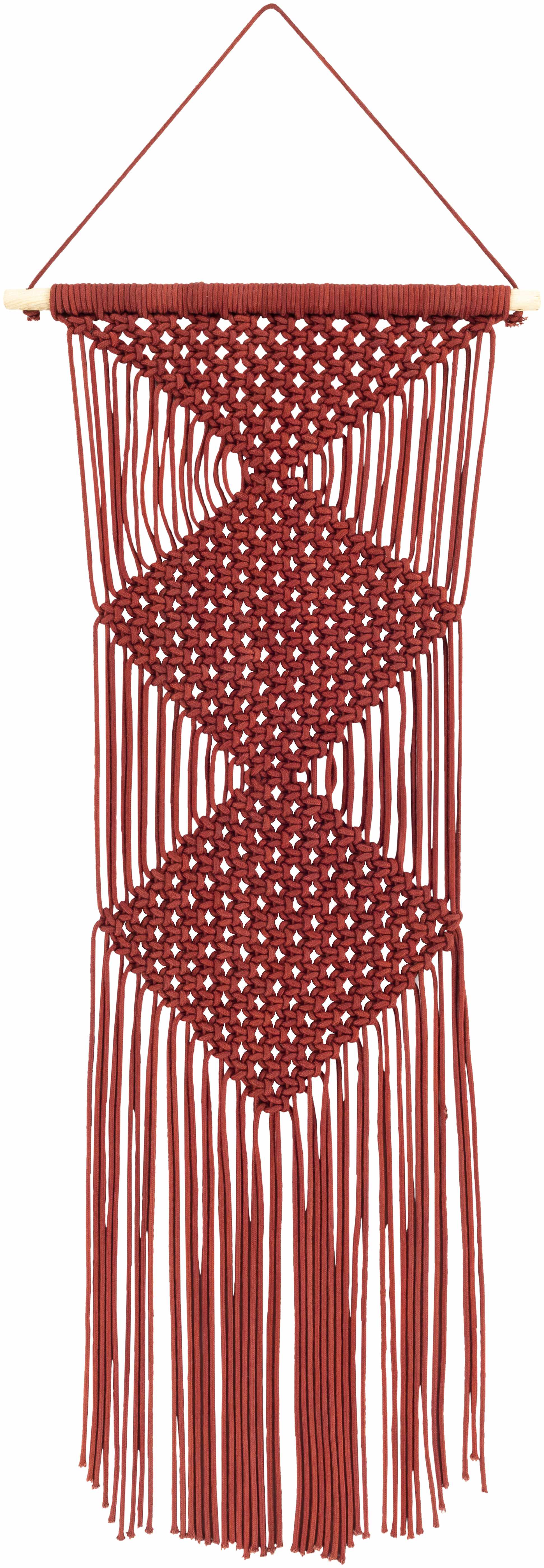 Burgundy rust macrame wall hanging decor made of woven cotton suspended on a natural wood rod