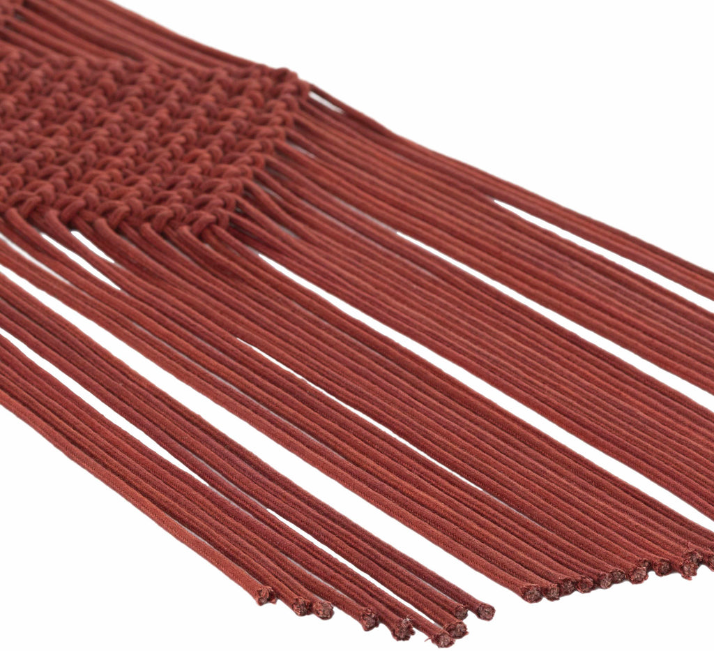 Burgundy rust macrame wall hanging decor made of woven cotton suspended on a natural wood rod — view 5