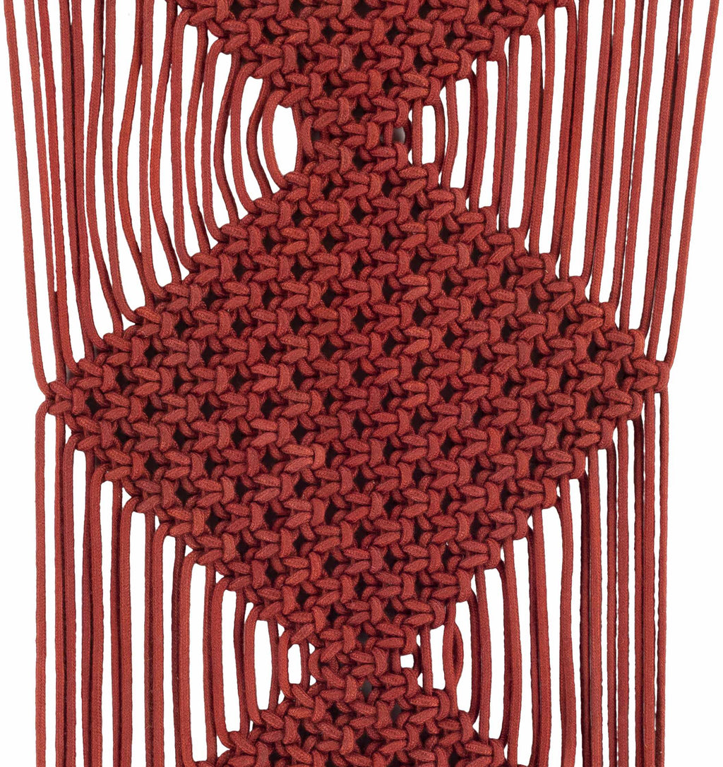 Burgundy rust macrame wall hanging decor made of woven cotton suspended on a natural wood rod — view 4