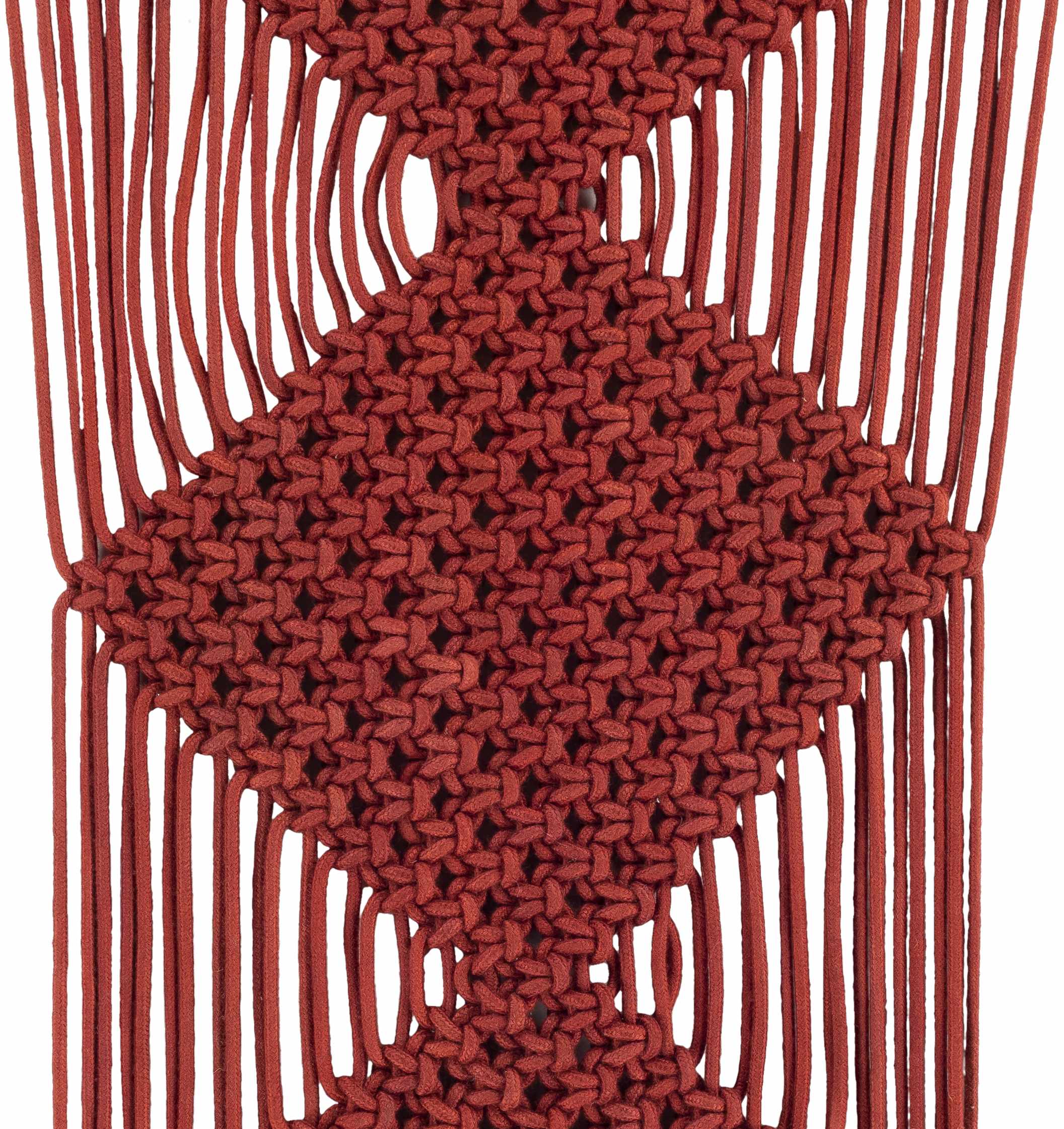 Burgundy rust macrame wall hanging decor made of woven cotton suspended on a natural wood rod — view 4