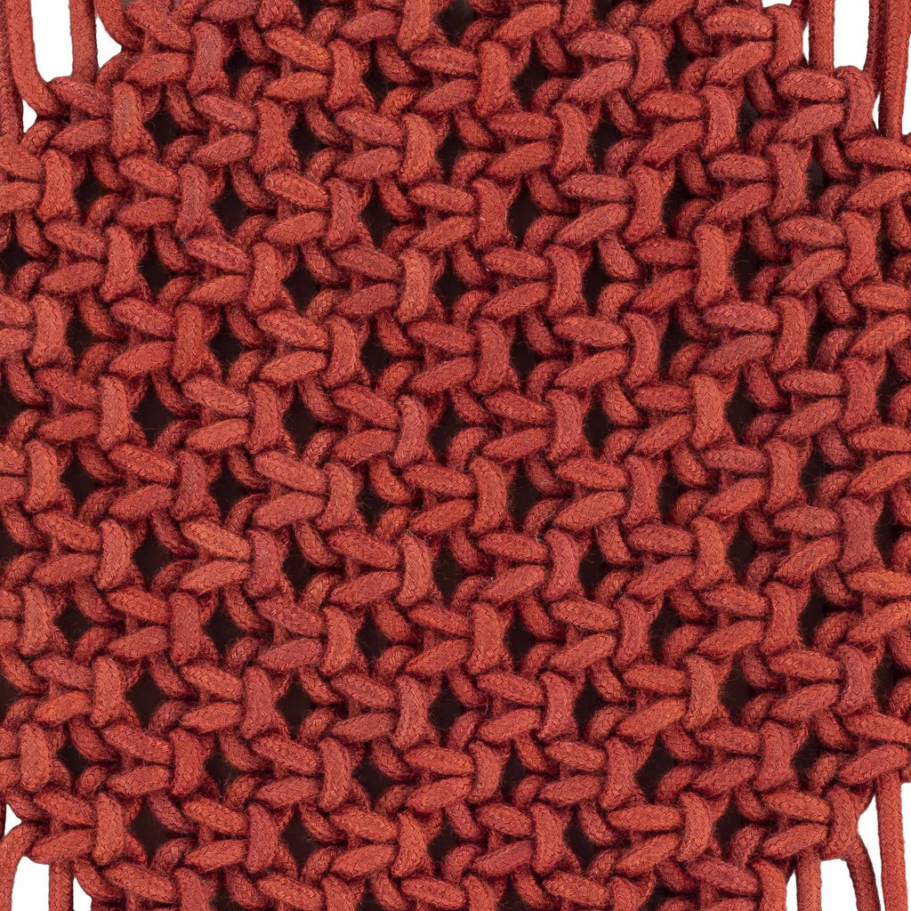 Burgundy rust macrame wall hanging decor made of woven cotton suspended on a natural wood rod — view 3