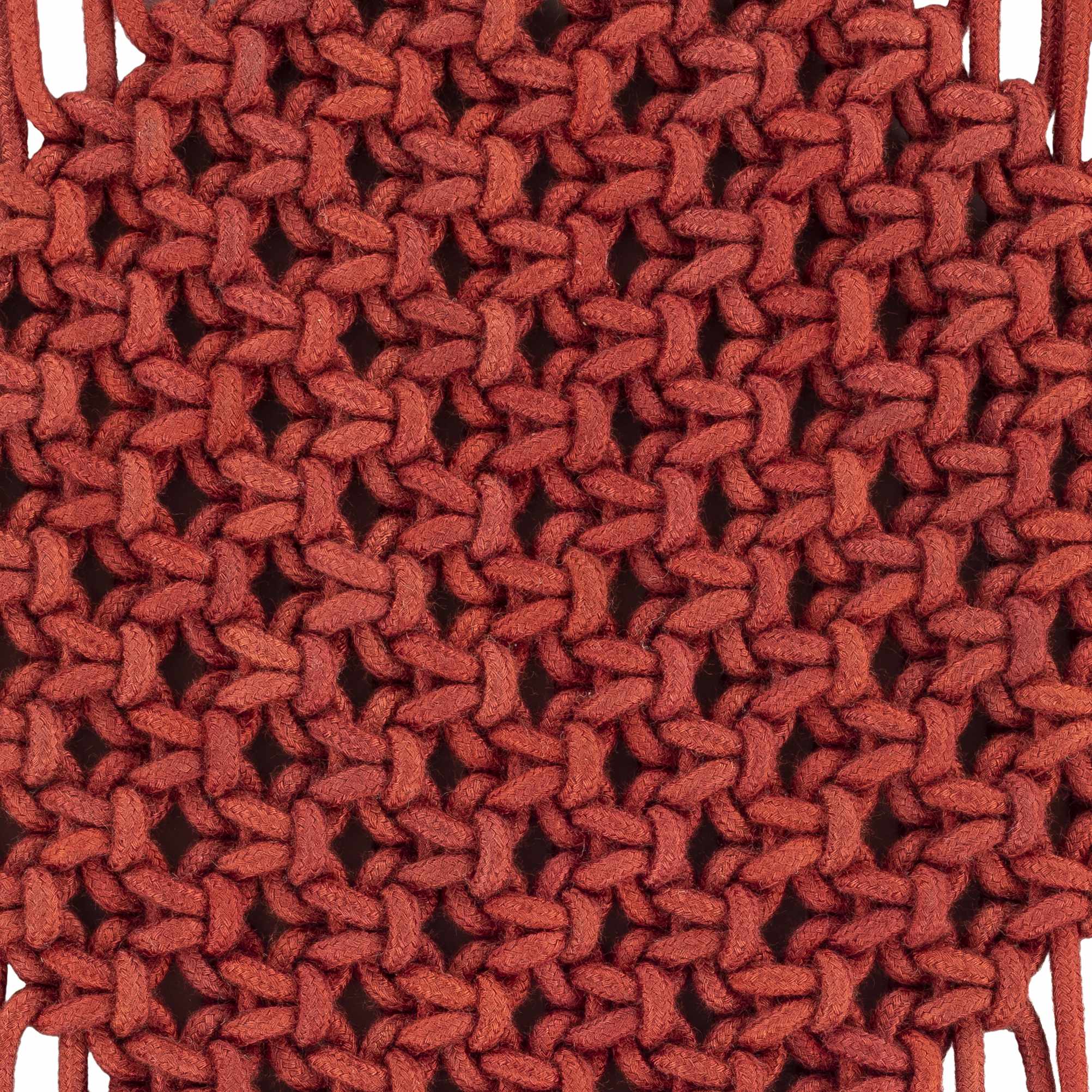 Burgundy rust macrame wall hanging decor made of woven cotton suspended on a natural wood rod — view 3