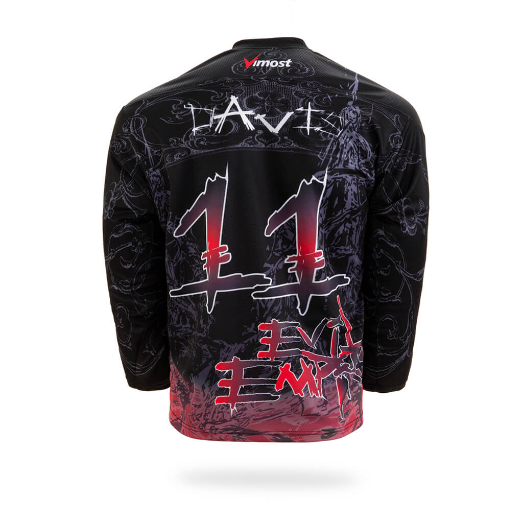 Club black design ice hockey jersey featuring long sleeves, V-neck, and bold sublimated custom print — view 2