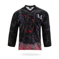 Club black design ice hockey jersey featuring long sleeves, V-neck, and bold sublimated custom print
