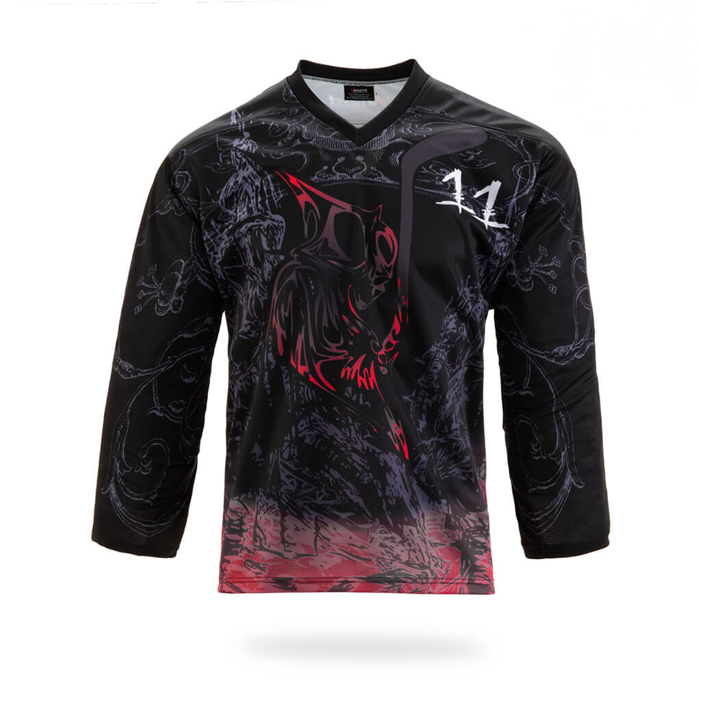 Club black design ice hockey jersey featuring long sleeves, V-neck, and bold sublimated custom print