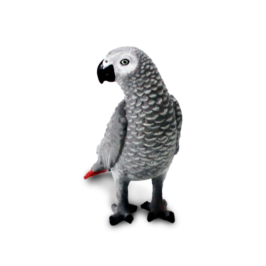 Detailed African Gray Parrot toy figure with gray feathers, red tail, and black beak — view 2