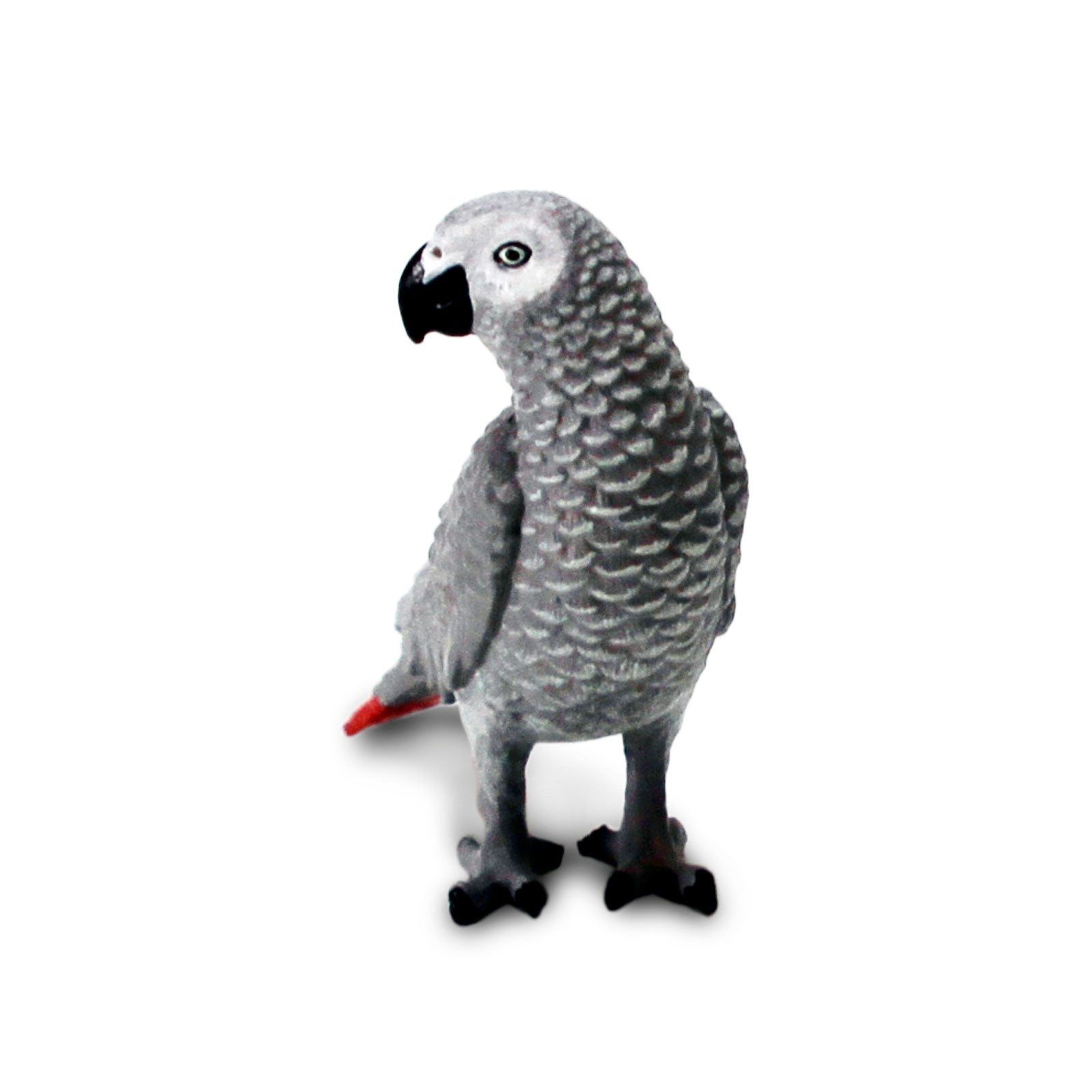 Detailed African Gray Parrot toy figure with gray feathers, red tail, and black beak — view 2