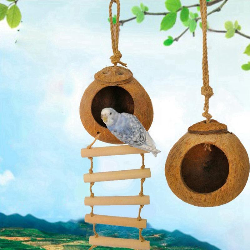 Natural coconut shell bird nest hanging hideaway with round opening for parrots and hamsters