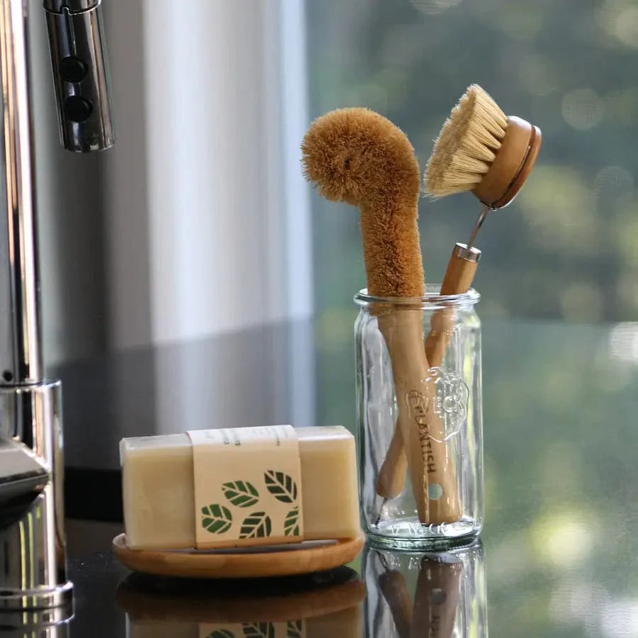 Extra large zero waste cleaning set with plant based brushes, solid dish soap, and bamboo cloths — view 4