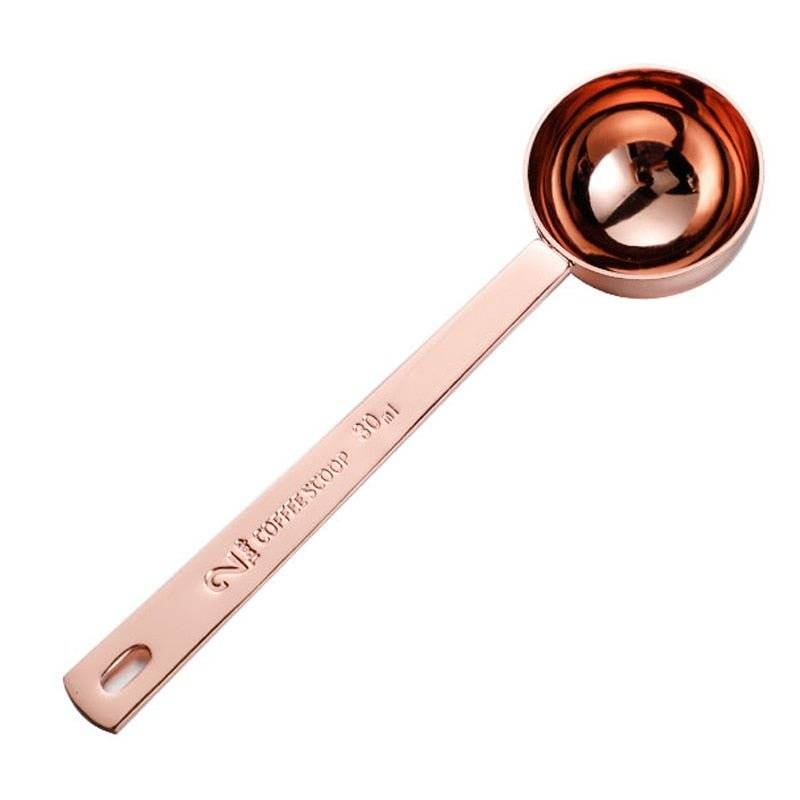 Stainless steel coffee scoop measuring spoon in silver and rose gold with engraved handle — view 2